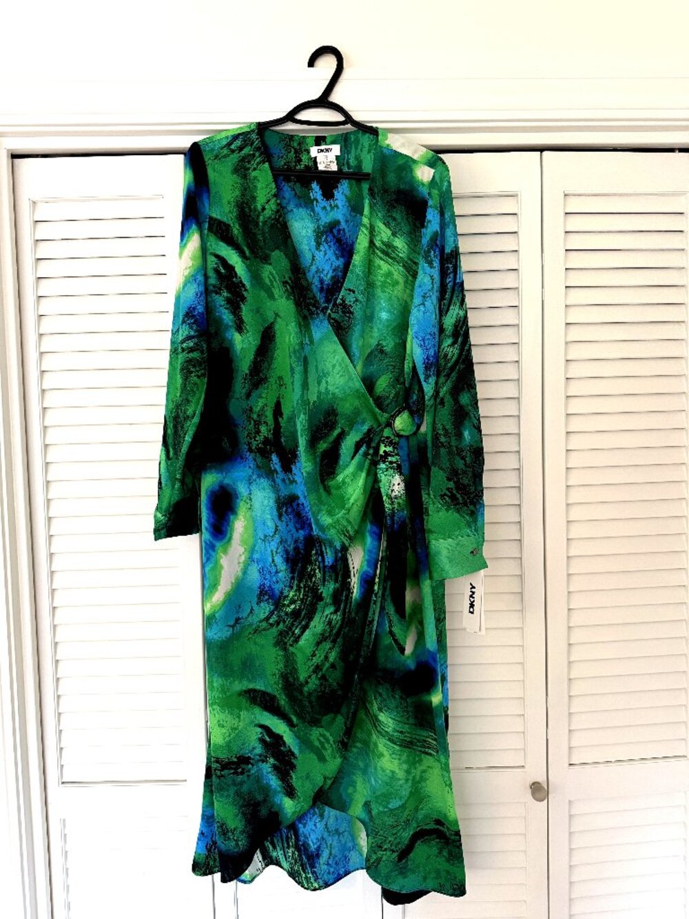 DKNY Faux Wrap Dress NWT | Green Blue Abstract Print | Size 14
